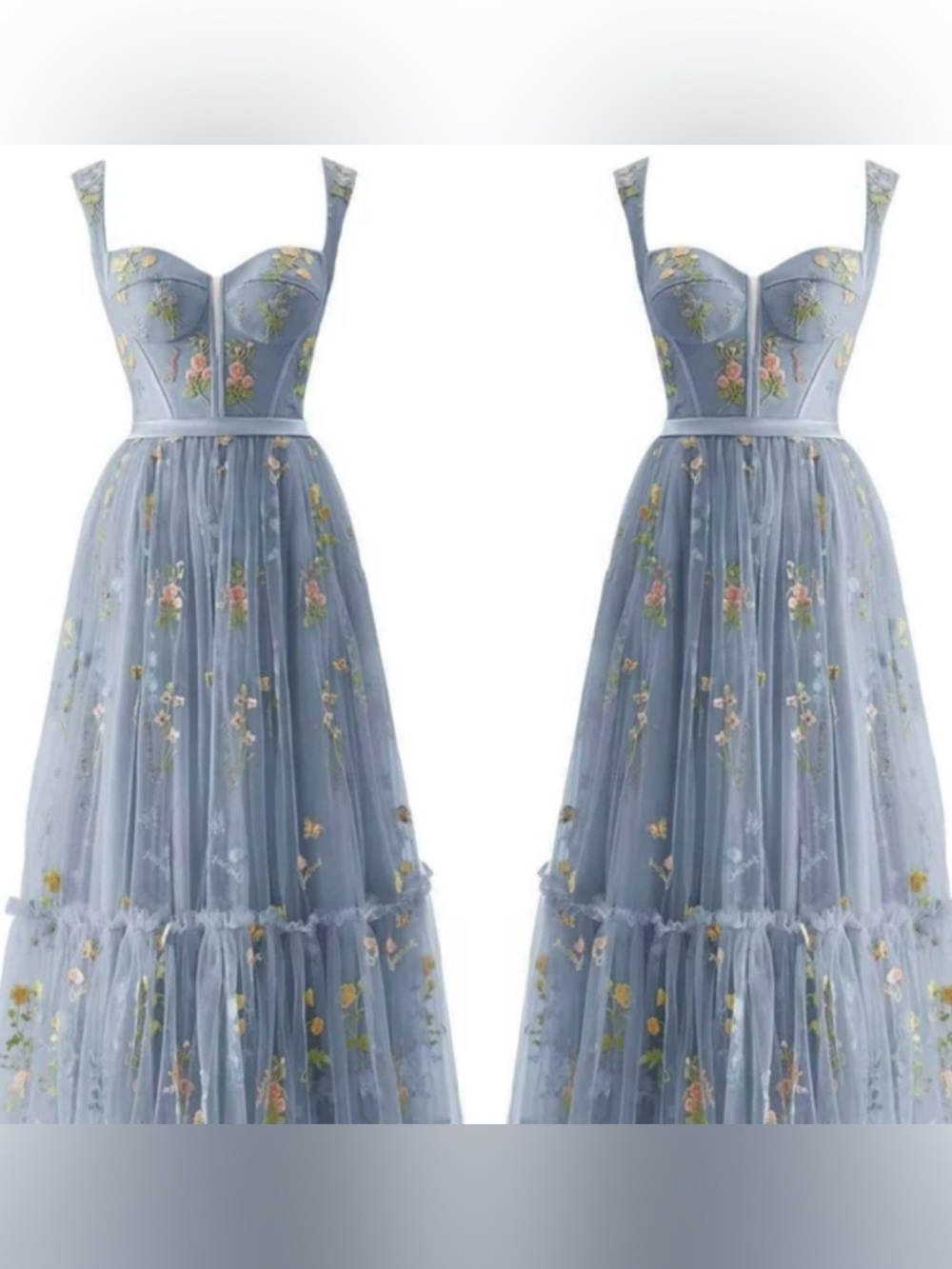 Blue Floral Embroidered lace Dress with boning